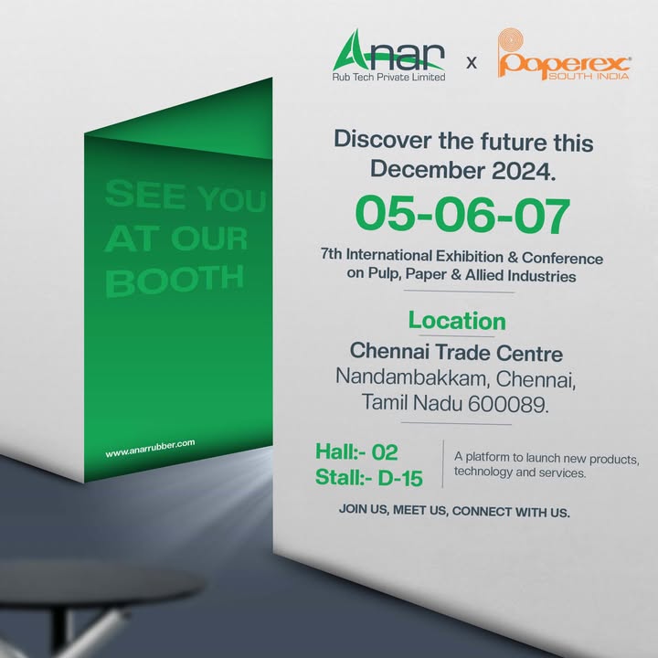 Don't miss your chance to connect with industry leaders. Visit us at Paperex South India 2024. 🤝
.
.
.
#PaperexSouthIndia2024 #PaperIndustry #Innovation #Technology #Exhibition #Chennai #rubberroller #exhibition #anarrubtech #anarrubber